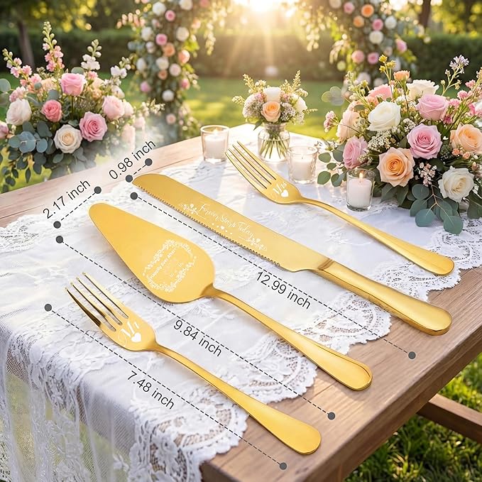 4 Pieces Wedding Cake Cutting Set Knife and Forks Set Wedding Cake Knife and Server Set Sliver Forks Engraved Mr. and Mrs.for Engagements, Anniversaries, Bride and Groom (Gold MR&MRS)
