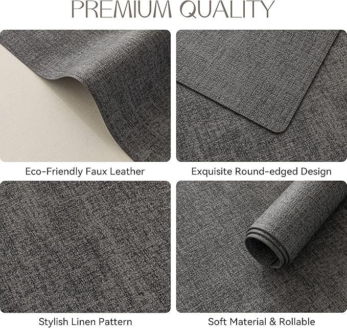 Romanstile Vinyl Placemats Set of 6-12 X 17 Inch - Heat Resistant Place Mats 100% Waterproof Oilproof Wipeable Reversible Faux Leather Table Mats for Kitchen, Dining, Party, Outdoor, Dark Grey