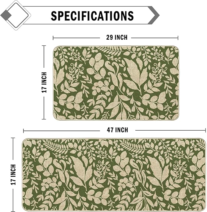 Spring Kitchen Rug and Mat Set of 2 Green Leaves Floor Mat Non Slip Rubber Backing Low-Profile Kitchen Rugs for Floor Summer Kitchen Decor for Home Bath Office- 17x29 and 17x47 Inch