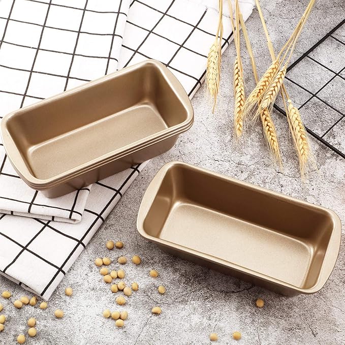 Patelai 4 Pack Small Loaf Pans for Baking Bread Non Stick Bread Pan Rectangle Baking Tray Toast Mold(Gold,9.3 x 3.7 Inch)