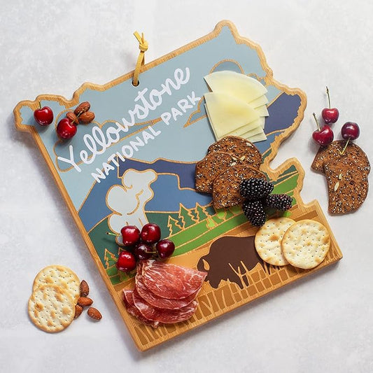 Totally Bamboo Yellowstone Park Shaped Cutting Board and Charcuterie Serving Platter with Artwork by Summer Stokes, Includes Hang Tie for Wall Display