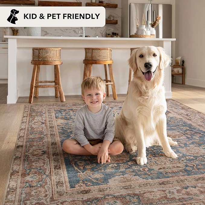 Kuden 2'6"x7' Runner Rug, Machine Washable Area Rug with Non-Slip Backing, Vintage Style, Soft, Easy Clean, Low Pile Rug for Hallway, Entryway, Kitchen, Bedroom