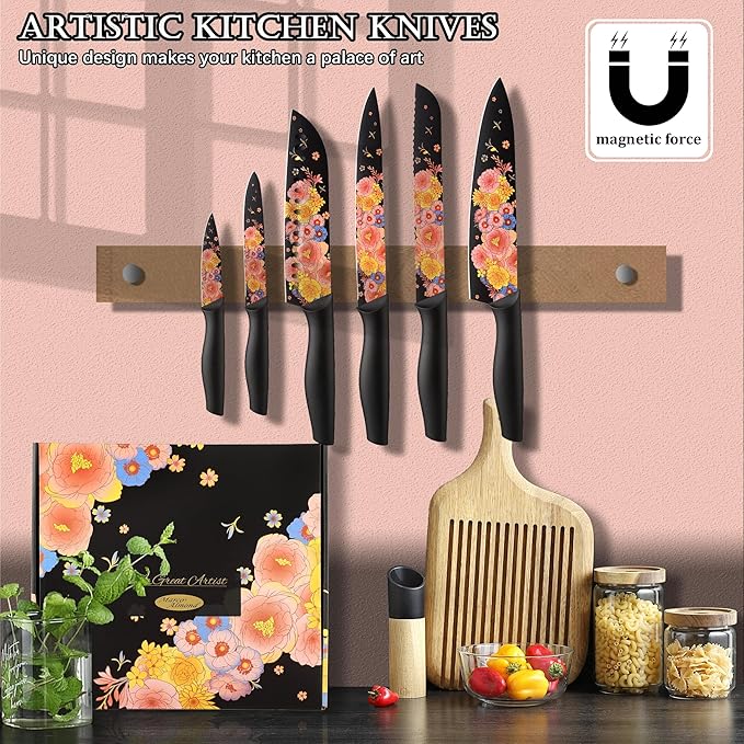Marco Almond Knife Set Artistic Designed Pattern Kitchen Knife 6 Stainless Steel Kitchen Knives w 6 Blade Guards,Dishwasher Safe Kitchen Knife Sets for Family Knives Set for Chefs