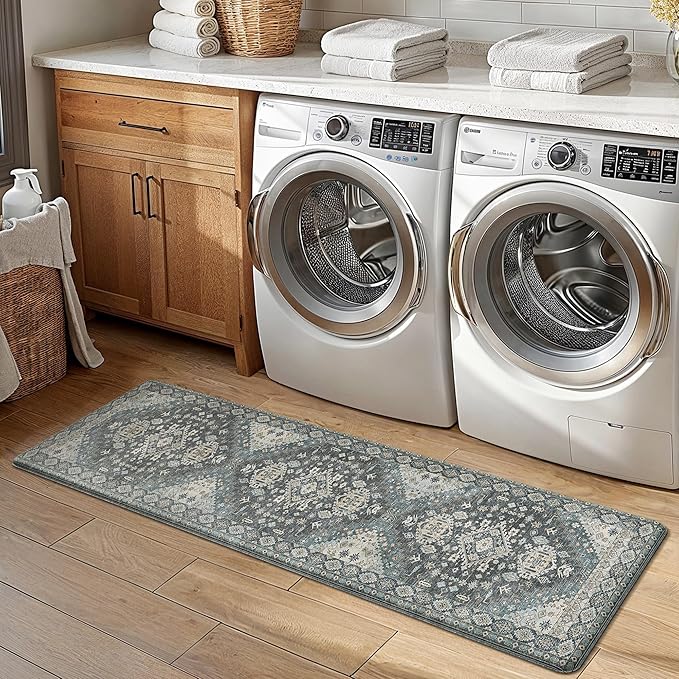GENIMO Kitchen Mats for Floor, 2PCS Kitchen Rugs Non Slip Washable, Waterproof Anti Fatigue Mat, Comfort Standing Runner Rug for Sink, Office, Laundry, Home, 17.3"x59"+17.3"x30", Blue Grey