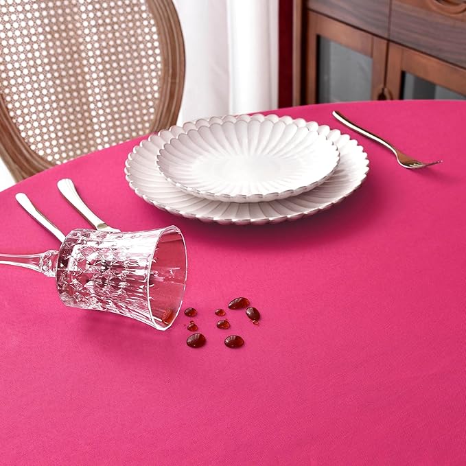 MEANMOY Hot Pink 210 GSM Water & Stain Resistant Round Tablecloth for Circle Table - Solid 60 Inch Fuchsia Table Cloth Cover in Wrinkle Free Durable Washable Polyester Fabric for Party, Banquet