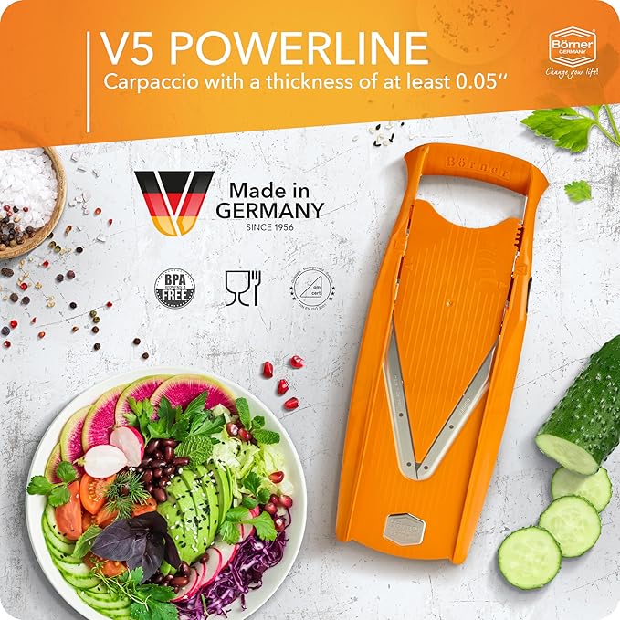 Börner Mandoline Slicer V5 (Basic Set) • Vegetable V-Slicer for Slices in 4 Thickness Settings • Stainless Steel V-Blade • Adjustable Kitchen Slicer for Vegetables & Fruits • Color: Orange