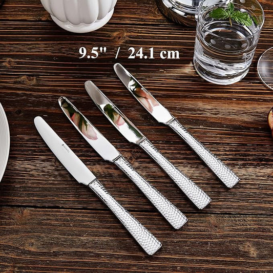 KEAWELL Premium 9.5" Louis Dinner Knives, Set of 4, Stainless Steel Dishwasher Safe, Serrated Knives (Hammered)