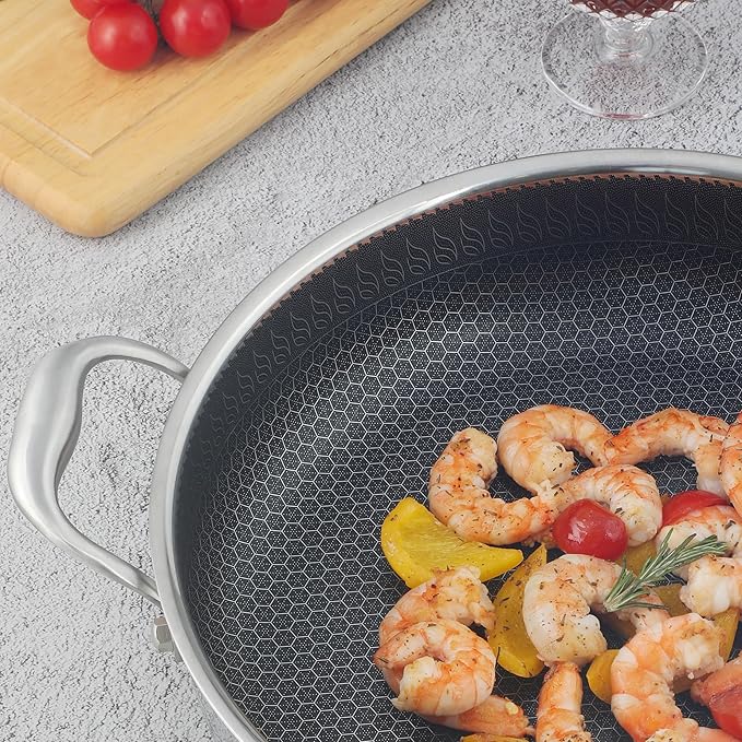 CATHYLIN 316L Stainless Steel 5QT Saute Pan Hexagon Nonstick Wok with Lid, Two Handle to Hold, PFOA Free, Dishwasher Oven Safe (12 inches,5QT)