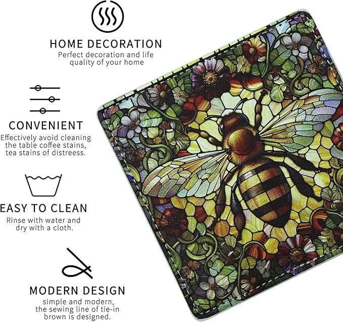 Marble Coasters Square Leather Drinks Coaster Set with Holder for Coffee Table Bar Home Decor 4 Inches Set of 6 (Bee, One Size)