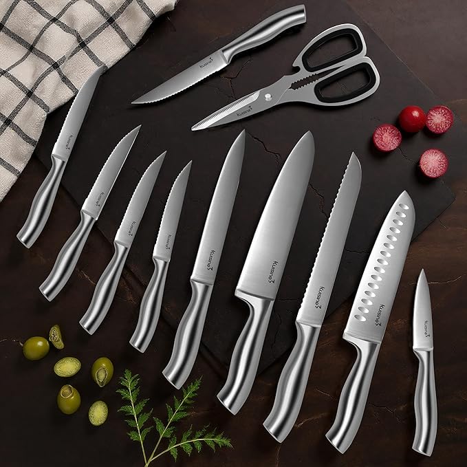 KUISINE Chef Knife Set Upgraded One Piece Molding Ultra Sharp Blade Ergonomic Handle,Kitchen Knife Block Set with Built-in Sharpener(Silver Acacia,15PCS)
