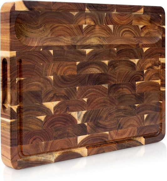 WoodSentials Evergreen End Grain Cutting Board for Kitchen - Large Heavy Duty 16x12.4x1.5" Acacia Wood Butcher Block with Feet - Reversible Charcuterie Meat & Cheese Board - Chef Quality Gift in Box