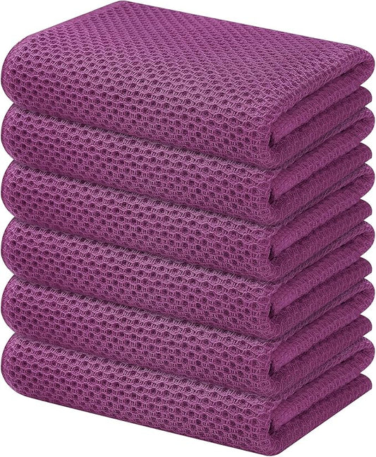 Kitinjoy 100% Cotton Waffle Weave Kitchen Towels, 6-Pack Soft lint Free and Absorbent Dish Towels for Kitchen Drying Dishes Hand Towels, 13 in x 28 in, Violet