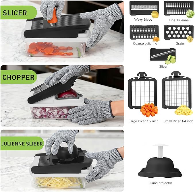 Multifunctional Mandoline Slicer with 7 Blades, Vegetable Chopper Food Cutter with Container, Onion Dicer Potato Grater Salad Prep Tool, Stainless Steel Kitchen Gadgets for Veggie Fruit (Black)