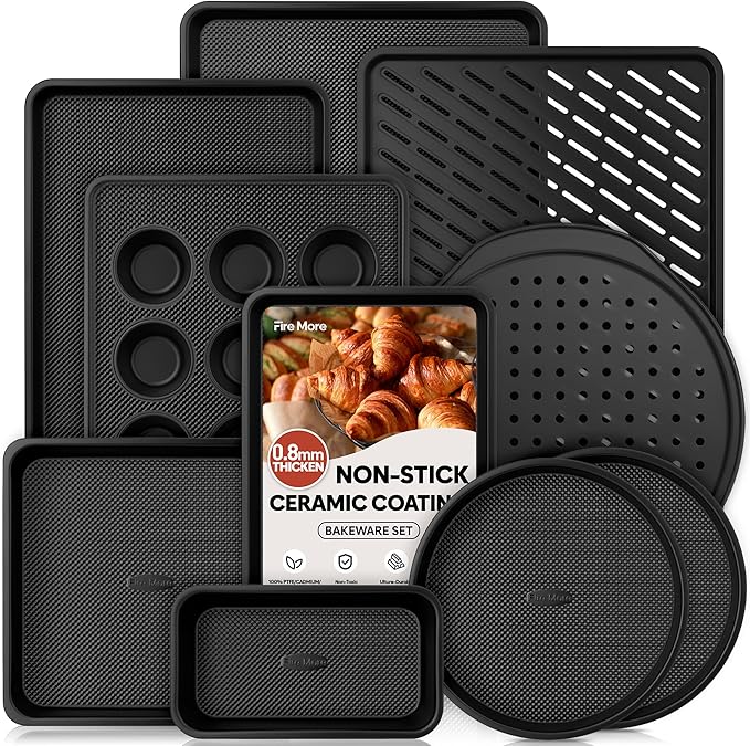10-Piece Nonstick Baking Pan Set, 0.8MM Thick Stackable Bakeware Sets Including Cookie Sheets for Baking, Cooling Rack, Muffin Pan, Cake Pan, Pizza Pan, Loaf Pan