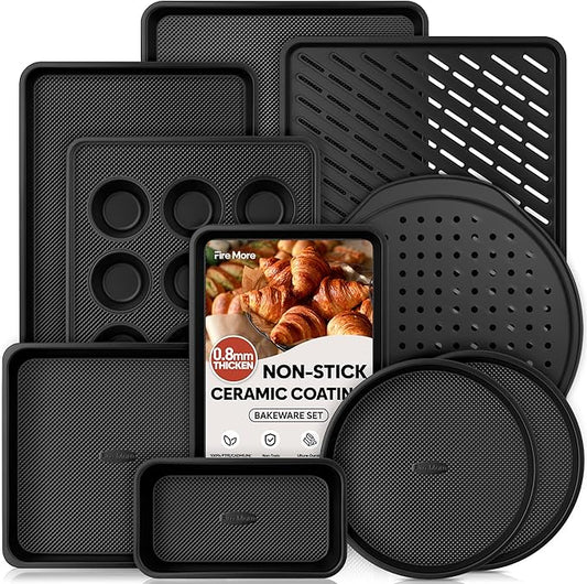 10-Piece Nonstick Baking Pan Set, 0.8MM Thick Stackable Bakeware Sets Including Cookie Sheets for Baking, Cooling Rack, Muffin Pan, Cake Pan, Pizza Pan, Loaf Pan
