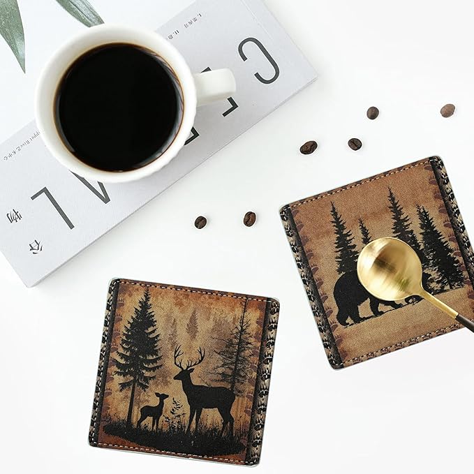 Marble Coasters Square Leather Drinks Coaster Set with Holder for Coffee Table Bar Home Decor 4 Inches Set of 6 (Forest Animals, One Size)