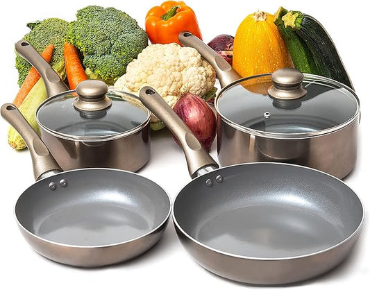Moss & Stone 6 Pcs Dark Grey Nonstick Cookware Set, Pots And Pans Set Non stick With Glass Lid, Induction Cookware, Stay-Cool Handle PTFE/PFOA Kitchen Pots 6-Piece with Frying Pans & Saucepan