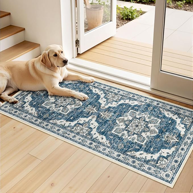 Tritard Non Slip Kitchen Rugs Sets of 3 Washable Kitchen Rug Boho Kitchen Mats for Floor Soft Kitchen Runner Rug Non Skid Kitchen Floor Carpet for Entryway Hallway Laundry Room, Blue