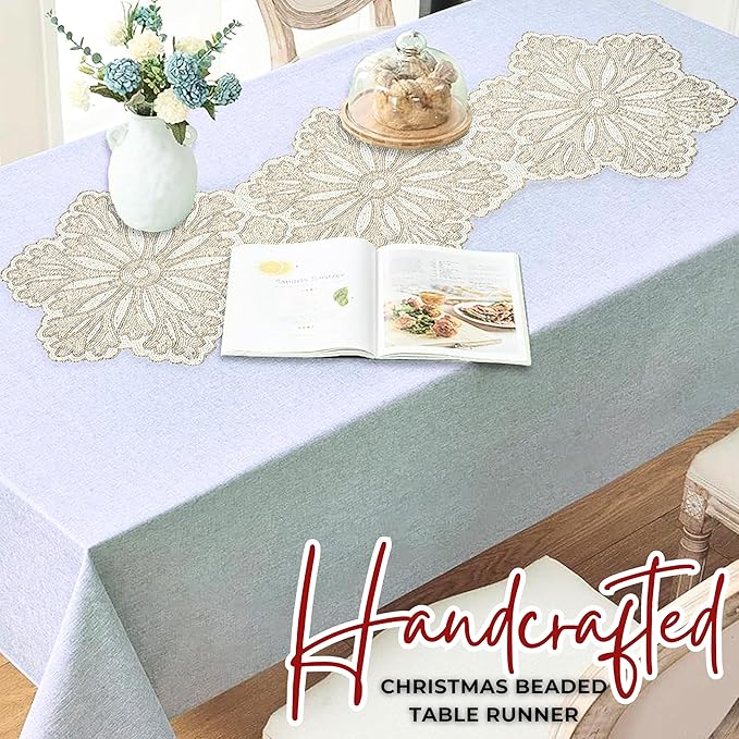 Elegant Glass Bead Beaded Runner 36 inch - 13"x36" Beaded Decorative Runner for Farmhouse, Wedding, Bridal, Holiday & Festive Décor, Unique Handmade Centerpiece (Off White) - ALPHA Living HOME