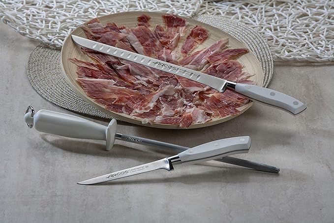 Arcos Forged 3 pieces - Nitrum Stainless Steel and mm blade.Professional Kitchen Knife for Cooking. 755 gr. Ergonomic Polyoxymethylene POM Handle. Series Riviera Blanc. Color White