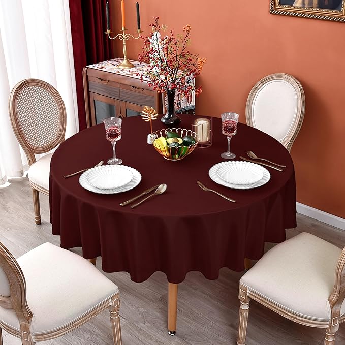 MEANMOY 2 Pack Burgundy 210 GSM Water & Stain Resistant Round Tablecloth - Solid 60 Inch Circle Table Cloth Cover in Wrinkle Free Washable Wipe Clean Polyester for Wedding, Party, Banquet (2 Pcs)