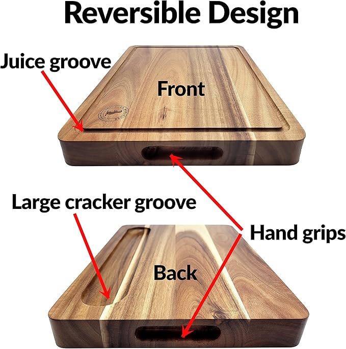 Acacia Wood 16 x 12 x 1.5 inch Thick (40.5 x 30.5 x 4cm) Extra-Large Cutting Board Juice Groove Hand Grips Dark Edge Grain Wooden Butcher Block Chopping Cheese Plate Server Deluxe Birthday Gift