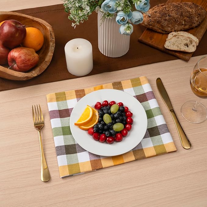 Blue Needles Buffalo Plaid Cloth Napkins - 100% Cotton Set of 12 Harvest Gingham Napkins 18x18 inches - Soft, Reusable, Washable, Ideal for Wedding Parties & Everyday Use - Harvest Checks