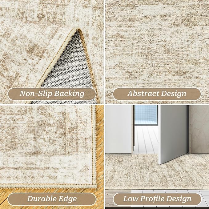 Washable Runner Rugs for Bedroom - 2x6 Runner Rug Non Slip, Ultra-Thin Entryway Runner, Soft Abstract Kitchen Runner for Hallway, Laundry, Bathroom, Indoor Door Mat(2'x6', Beige/Ivory)