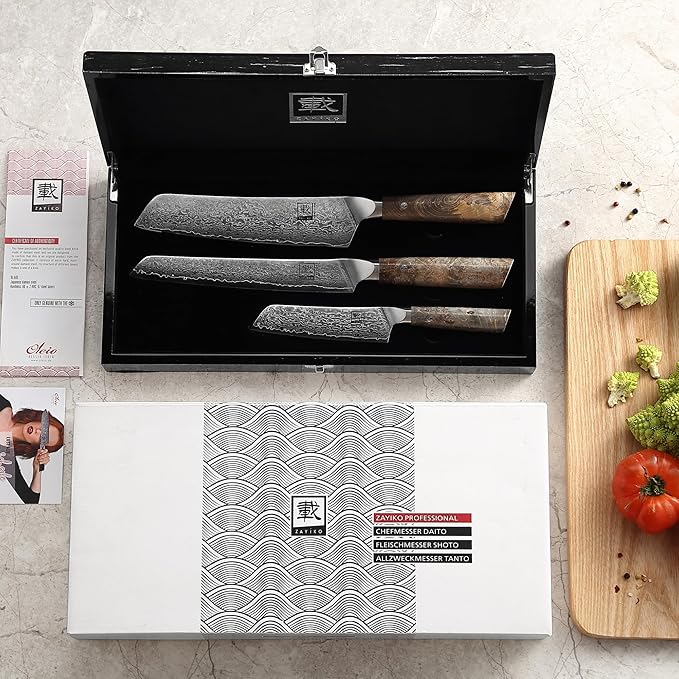zayiko Jun Damascus Kitchen Knife Set – 3-Piece Professional Chef Knife Collection | 67-Layer VG10 Core Steel | Maple Wood Handles | Chef, Carving & Utility Knives in Wooden Gift Box
