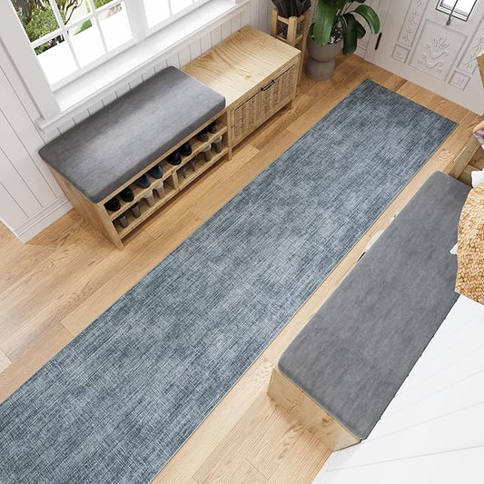 Ottomanson 2-Piece Kitchen Rug Set - Non Slip Runner & Washable Mat - 1'11" x 4' + 1'11"' x 5' - Durable, Stain Resistant for Entryway, Bedroom and Bathroom, Solid Greyish Blue