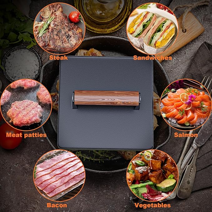 KEESHA Grill Press Set for Griddle, 10" Square Cast Iron Burger Press, Round & Square Egg Molds, Heavy-Duty Smash Steak Press with Professional Grill Marks, 5 Pounds