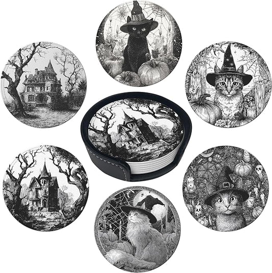 Halloween Cat Coasters Leather Round Drink Coasters 6 Pcs Set with Holderor for Cup Drink Coffee Table Bar Home Decor