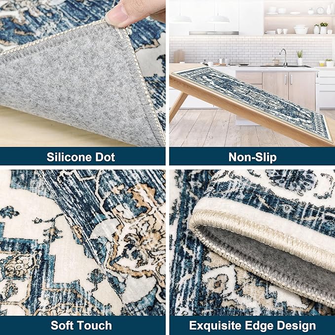 Tritard Non Slip Kitchen Rugs Sets of 3 Washable Kitchen Rug Boho Kitchen Mats for Floor Soft Kitchen Runner Rug Non Skid Kitchen Floor Carpet for Entryway Hallway Laundry Room, Blue