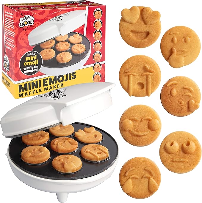 Mini Emojis Waffle Maker for Valentine's Day Breakfast- Make 7 Unique Smiley Face Waffles Pancakes for Kids- Electric Non-Stick Iron Feat Kiss Face Heart Eyes & Smile w Recipe Guide- Licensed by Emoji