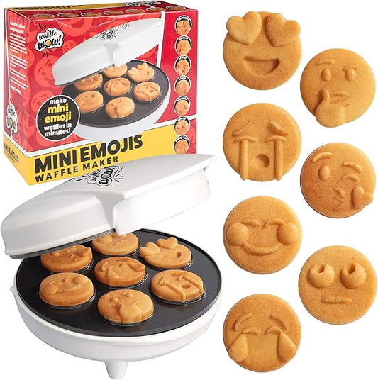 Mini Emojis Waffle Maker for Valentine's Day Breakfast- Make 7 Unique Smiley Face Waffles Pancakes for Kids- Electric Non-Stick Iron Feat Kiss Face Heart Eyes & Smile w Recipe Guide- Licensed by Emoji
