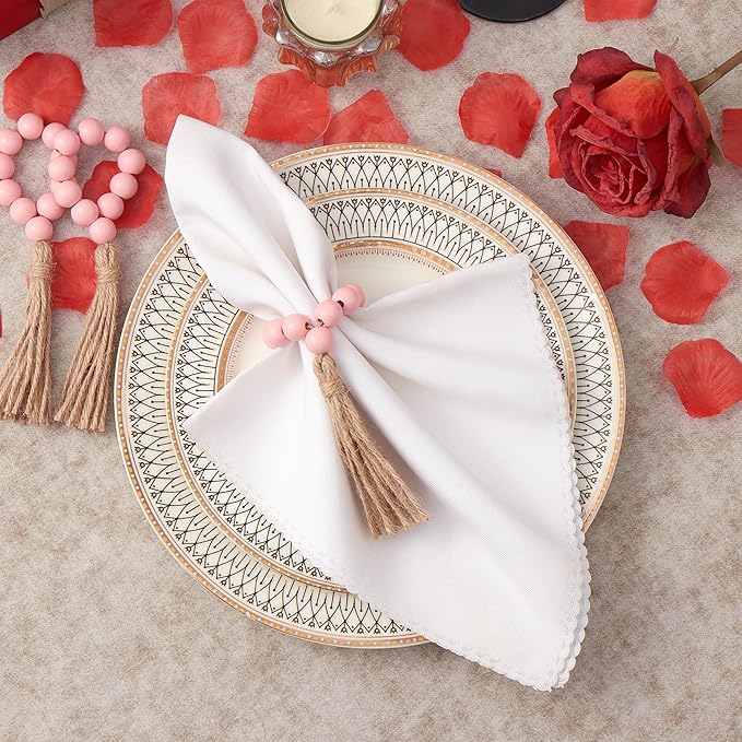 APTWOW Valentine Napkin Rings Set of 12, Pink Wooden Bead Napkin Rings for Table Decor, Valentine's Day Farmhouse Napkins Rings for Boho Table Decor, Spring Banquet, Wedding, Easter