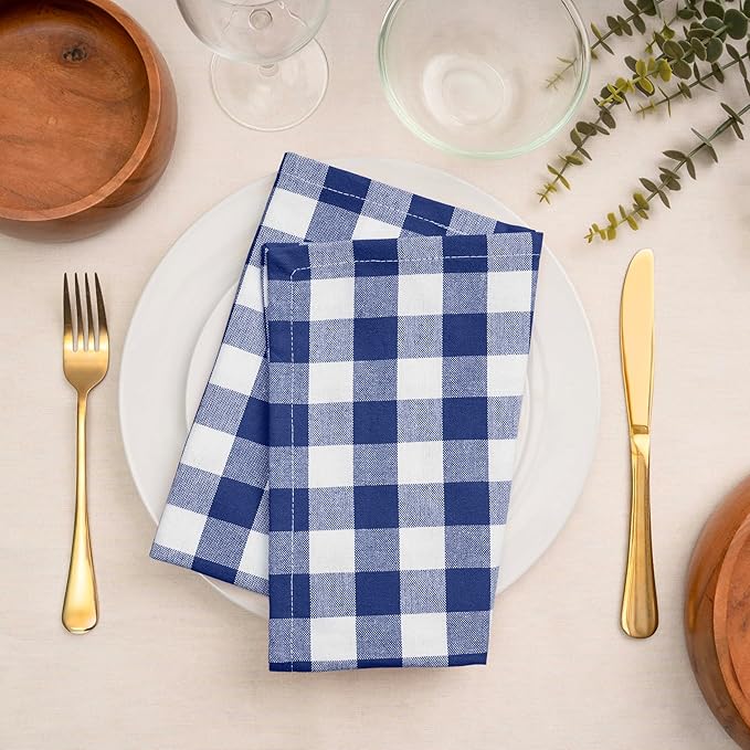 Blue Needles Gingham Buffalo Plaid Cloth Napkins 100% Cotton Set of 12 Dinner Table Napkins 18x18 inch Soft, Reusable, Washable Perfect for Wedding Parties & Everyday Use - Blue and White