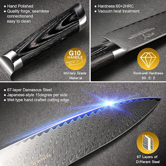 NANFANG BROTHERS Damascus Knife Set, 7 Pieces Kitchen Knife with Block, ABS Ergonomic Handle for Chef Knife Set, Kitchen Shears, Knife Block Set