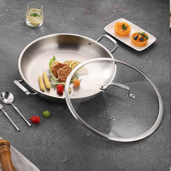 Yeksum Tri-Ply Stainless Steel Paella Pan, 14.5 inch Large Skillet,12 Servings 18/10 Large Paella pan with Lid,Jumbo Cooker,Perfect for Outdoors, Camping, Parties