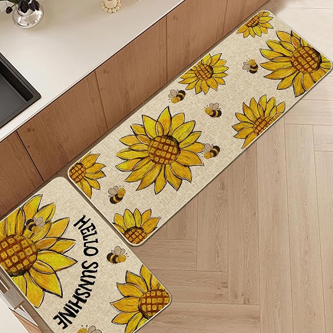 Sunflower Spring Kitchen Mats for Floor Set of 2, Sunshine Flower Summer Floor Mats, Non Slip Rubber Backing Kitchen Floor Mat and Rug Set for Kitchen Sink, Office, Laundry
