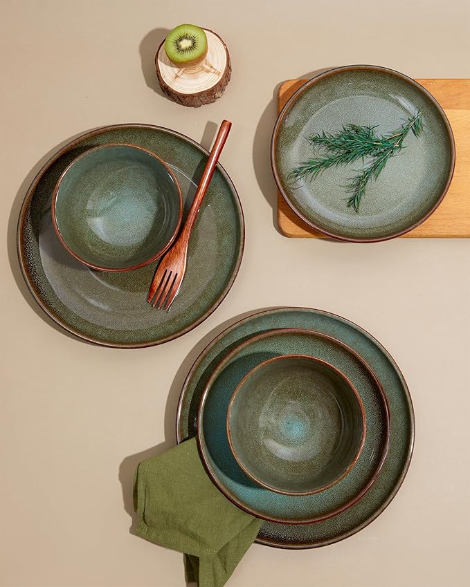 32 Piece Double Bowl Dinnerware Sets with Pasta Bowls, Highly Chip and Crack Resistant Plates and Bowls Sets, Natural Earthyware Ceramic Dishware Sets, Service for 8 Brown Green