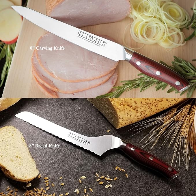 Ergo Chef Crimson Series Bamboo Block knife Set Forged High Carbon X50CrMoV15 German Stainless-Steel, Full Tang, G10 Handles (16pc. Block Set)