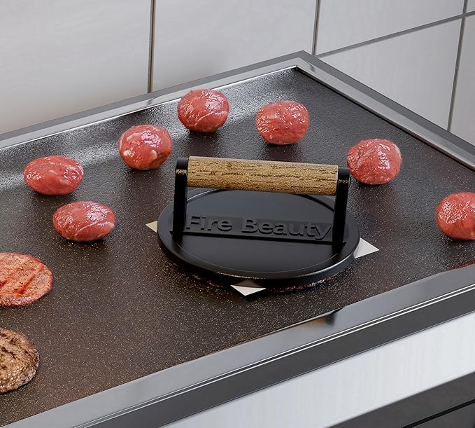Fire Beauty Burger Press,6.5" Cast Iron Grill Press with Wood Handle,Food-Grade Smash Burger Press for Seared Bacon,Steak&Burger,Pre-Seasoned