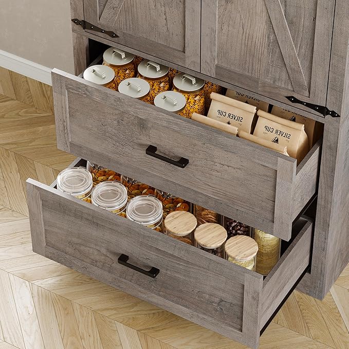 Pantry Organizers and Storage Cabinet, 71” Barn Door White Kitchen Cabinet with Drawers and Adjustable Shelf, Tall Pantry for Kitchen, Dining Room, Living Room. Bathroom and Office