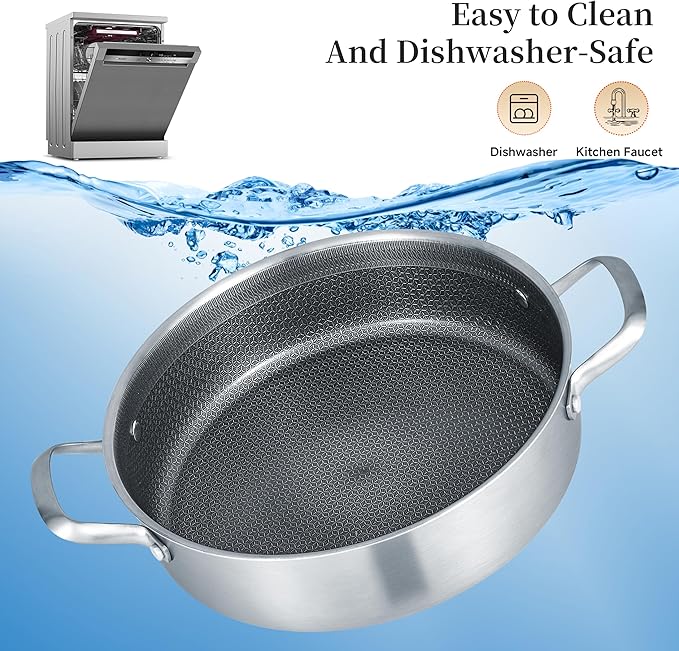 Inqibee 7 QT Hybrid Tri-Ply Stainless Steel Non Stick Sauté Pan with Lid,12 Inch Induction Deep Frying Pan,Large Skillet,Dishwasher and Oven Safe