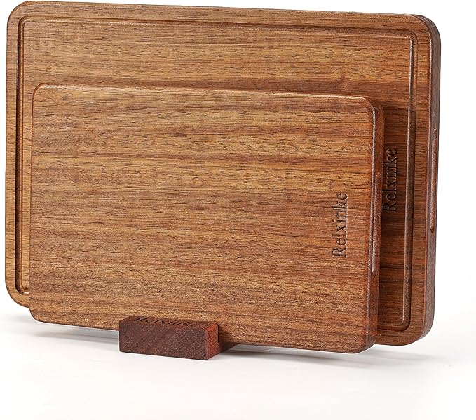 Relxinke Solid Teak Wood Cutting Board Set One Piece Non Glued Large Thick Crack Resistant Wooden Chopping Board with DeepJuice Grooves Built in Handles for Kitchen Meat Vegetable 14x9.5 IN &11X7 IN
