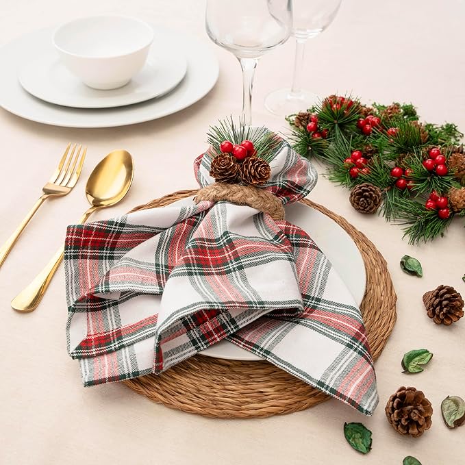 Blue Needles Gingham Buffalo Plaid Cloth Napkins 100% Cotton Set of 12 Dinner Table Christmas Napkins 18x18 inch Soft, Reusable & Washable Perfect for Parties & Everyday Use - Christmas White Red
