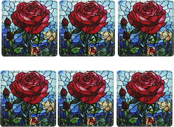 Marble Coasters Square Leather Drinks Coaster Set with Holder for Coffee Table Bar Home Decor 4 Inches Set of 6 (Rose, One Size)