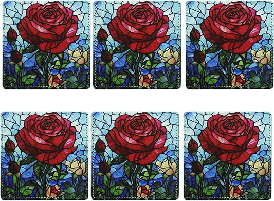Marble Coasters Square Leather Drinks Coaster Set with Holder for Coffee Table Bar Home Decor 4 Inches Set of 6 (Rose, One Size)