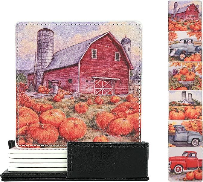 Thanksgiving Day Coasters Square Leather Drinks Coaster Set with Holder for Coffee Table Bar Home Decor 4 Inches Set of 6